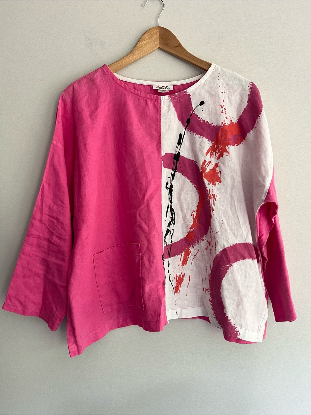 Odile Pink and White Abstract Print Linen Dropped Shoulder Top Small